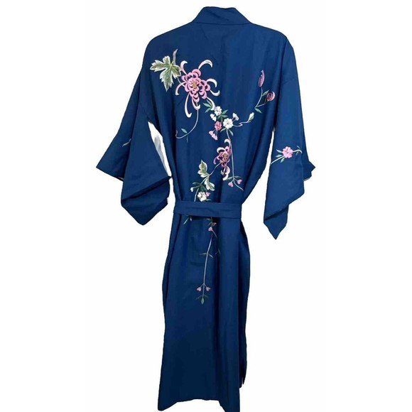 VINTAGE Blue Floral Embroidered Japanese‎ Kimono Robe Fabric Belt Tie Closure - Picture 1 of 6